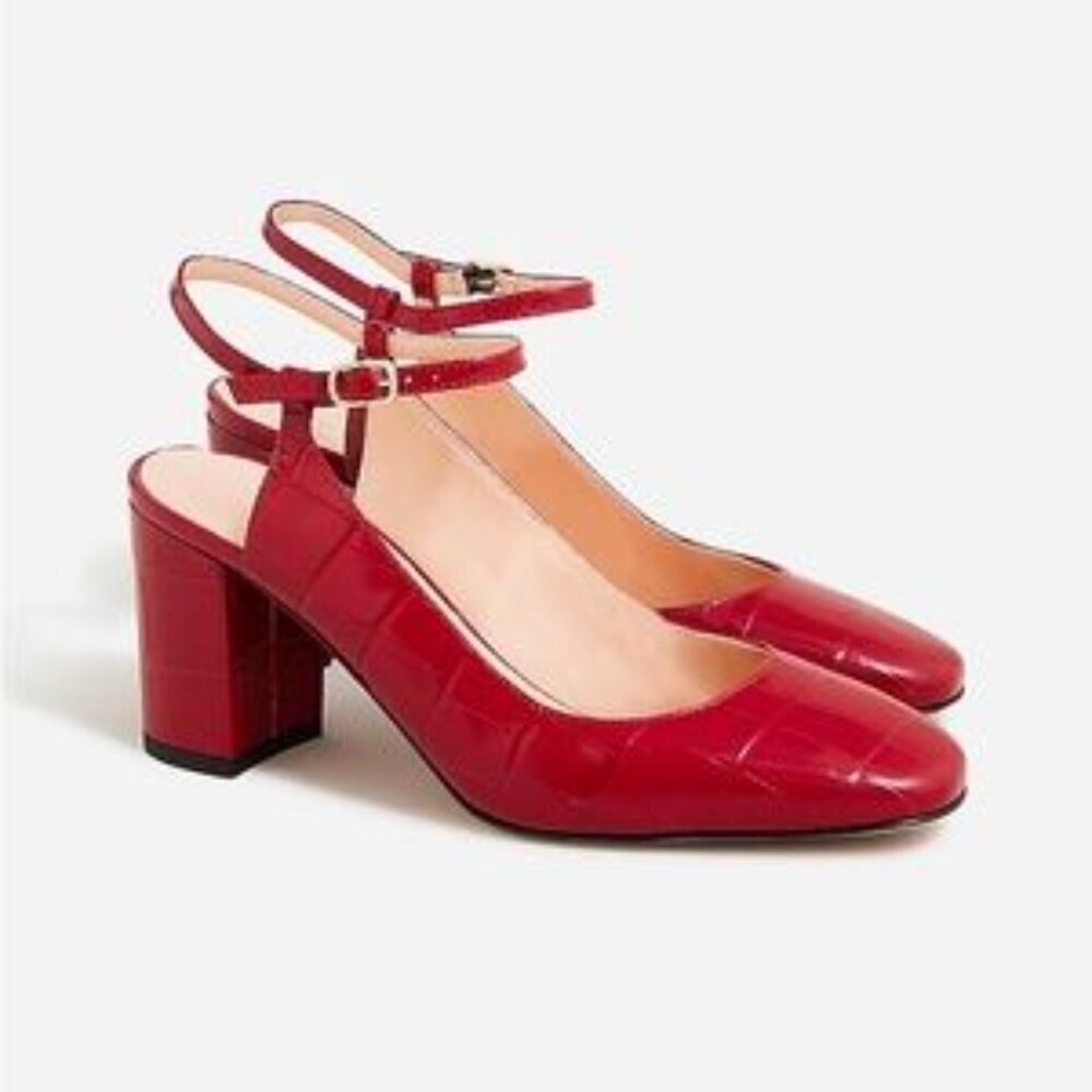 J. Crew "Maisie" Ankle-Strap Croc-embossed Leather Block Heels Women's Size 7.5